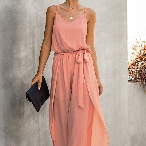 ⭐ HP ⭐ Blush Pink Split Wide Leg Spaghetti Strap Chiffon Cute Trendy Jumpsuit - Picture 9 of 10